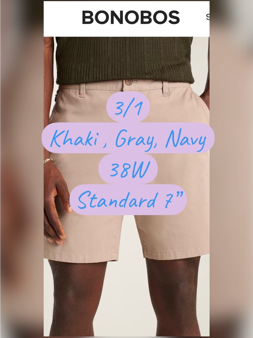 3 pairs Bonobos Flat Front Chino Shorts in Tan, Dark Navy & Light Gray